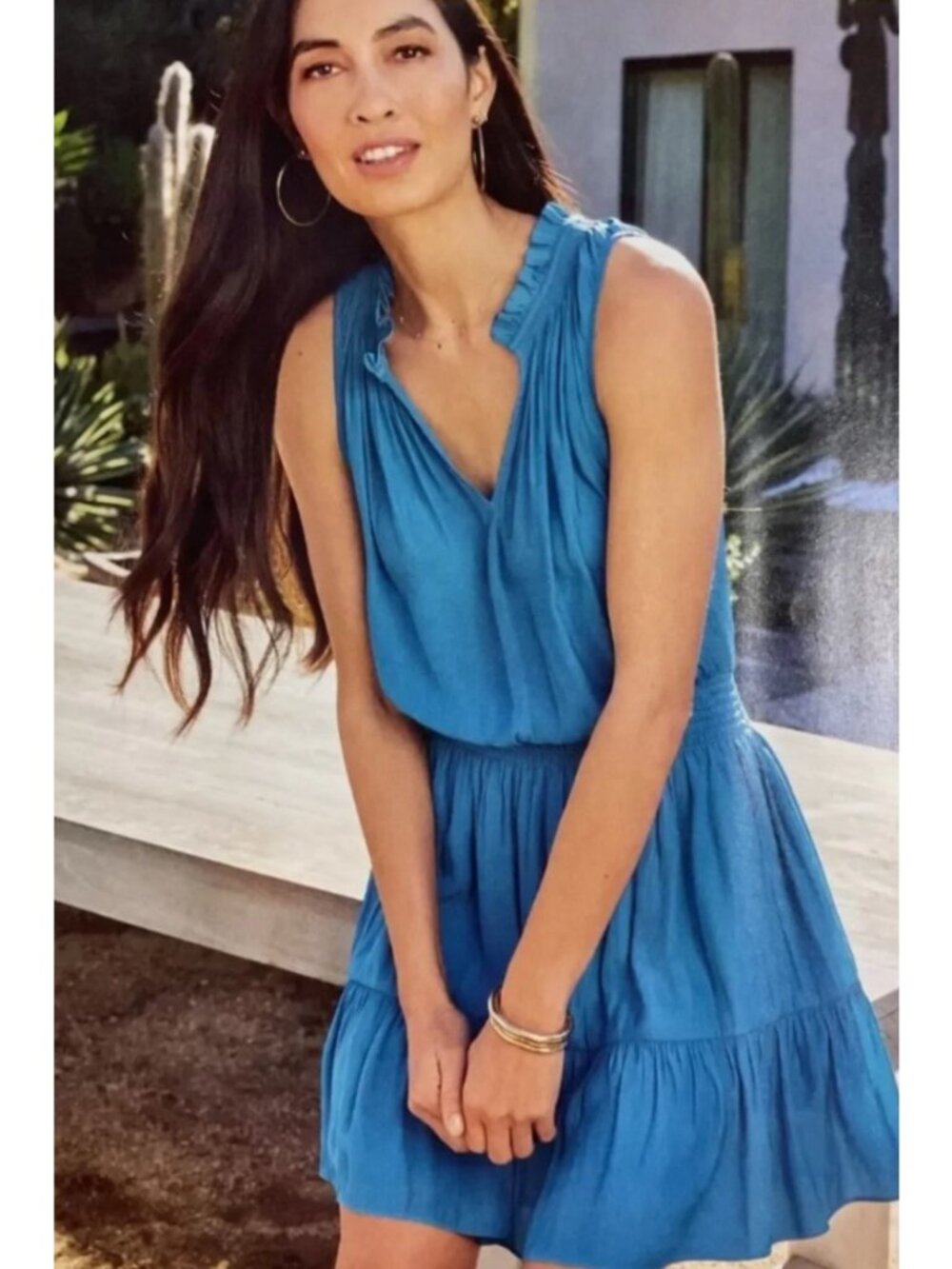NEW Evereve Maia Mini Dress Smocked Waist Notch-Neck Pacific Blue XS Sleeveless